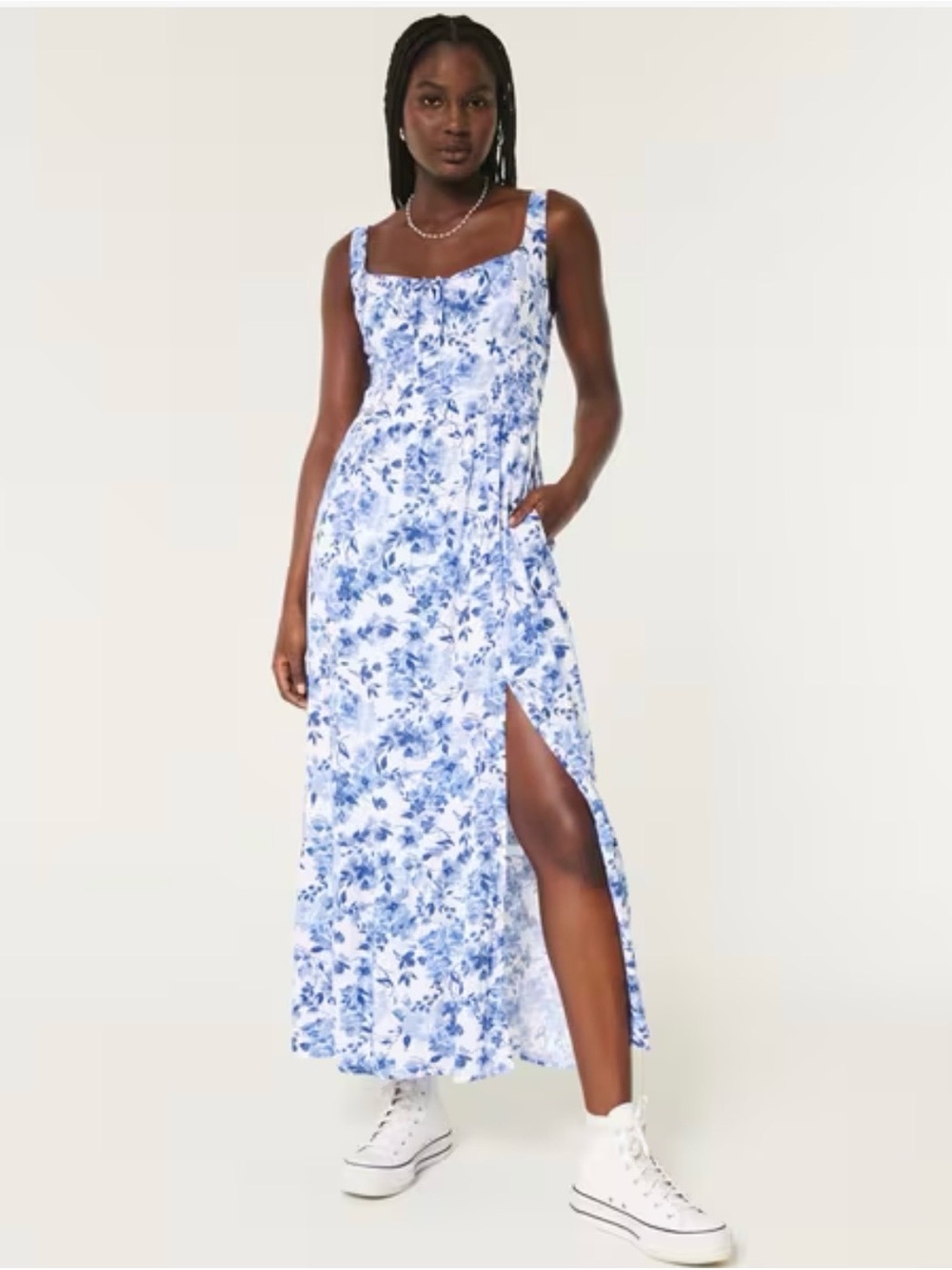 Hollister Sofia Blue Floral Square-Neck Maxi Dress With Pockets. Size XS